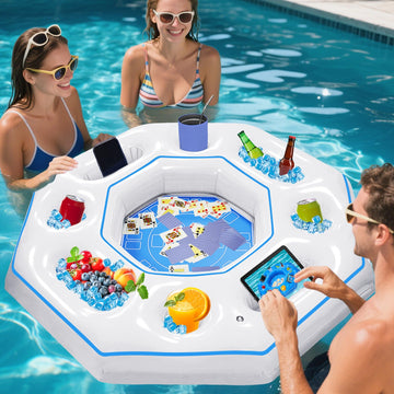 Lanathel Octagonal Inflatable Game Table with Waterproof Playing Cards, Inflatable Pool Bar Games for Adults, Floating Portable Bar Table Tray for Hot