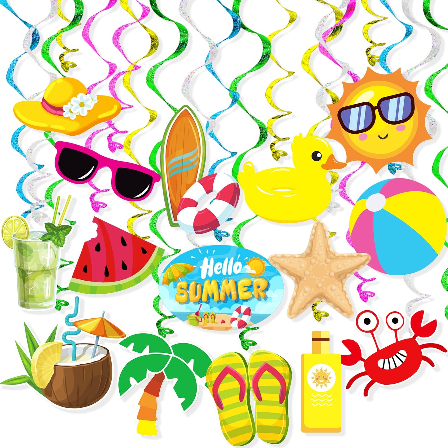Summer Pool Beach Hanging Swirls Banner Decor 30 Pack Foil Ceiling Hanging Swirls Streams Banner Decorations Garland for Kids Luau Hawaii Celebrating