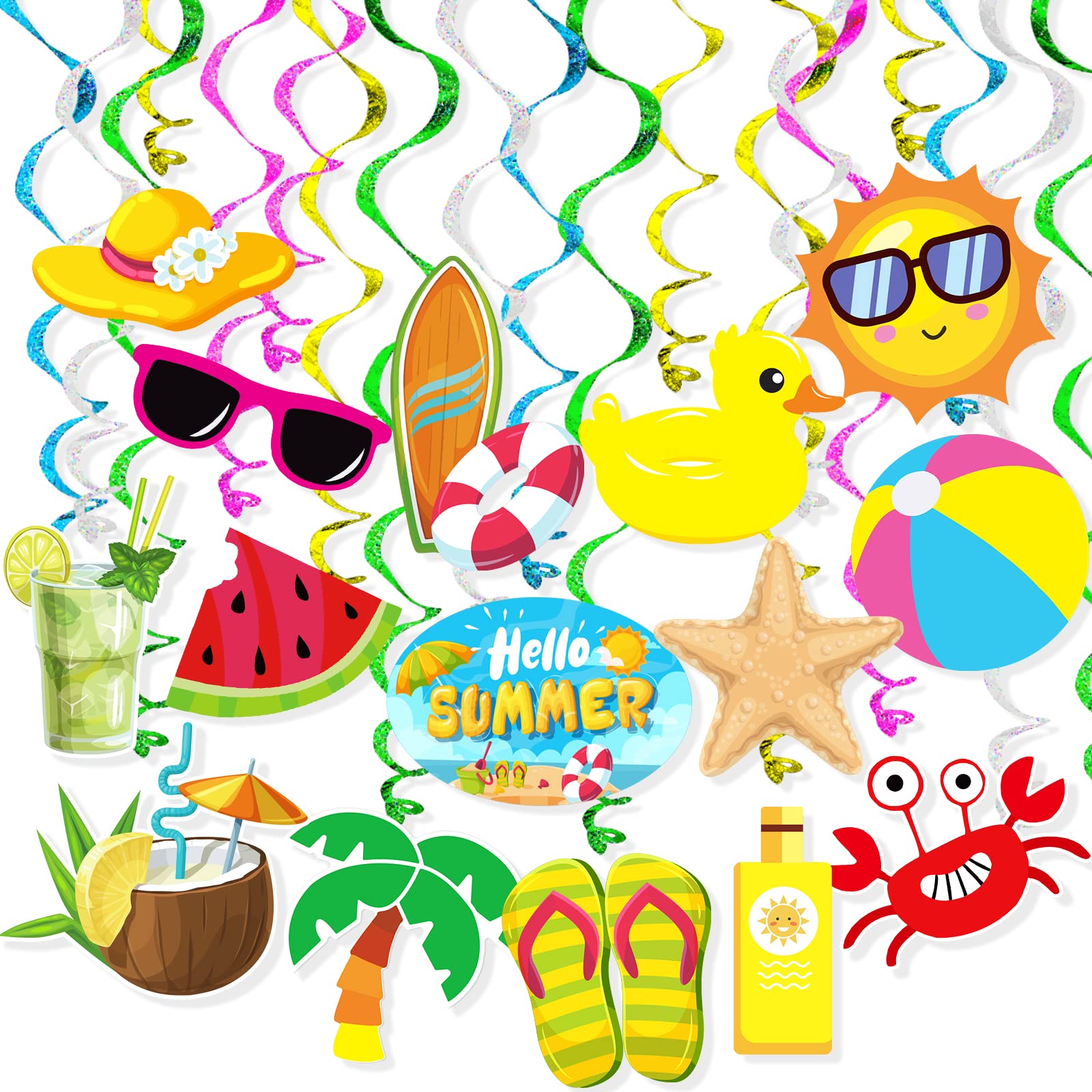 Summer Pool Beach Hanging Swirls Banner Decor 30 Pack Foil Ceiling Hanging Swirls Streams Banner Decorations Garland for Kids Luau Hawaii Celebrating