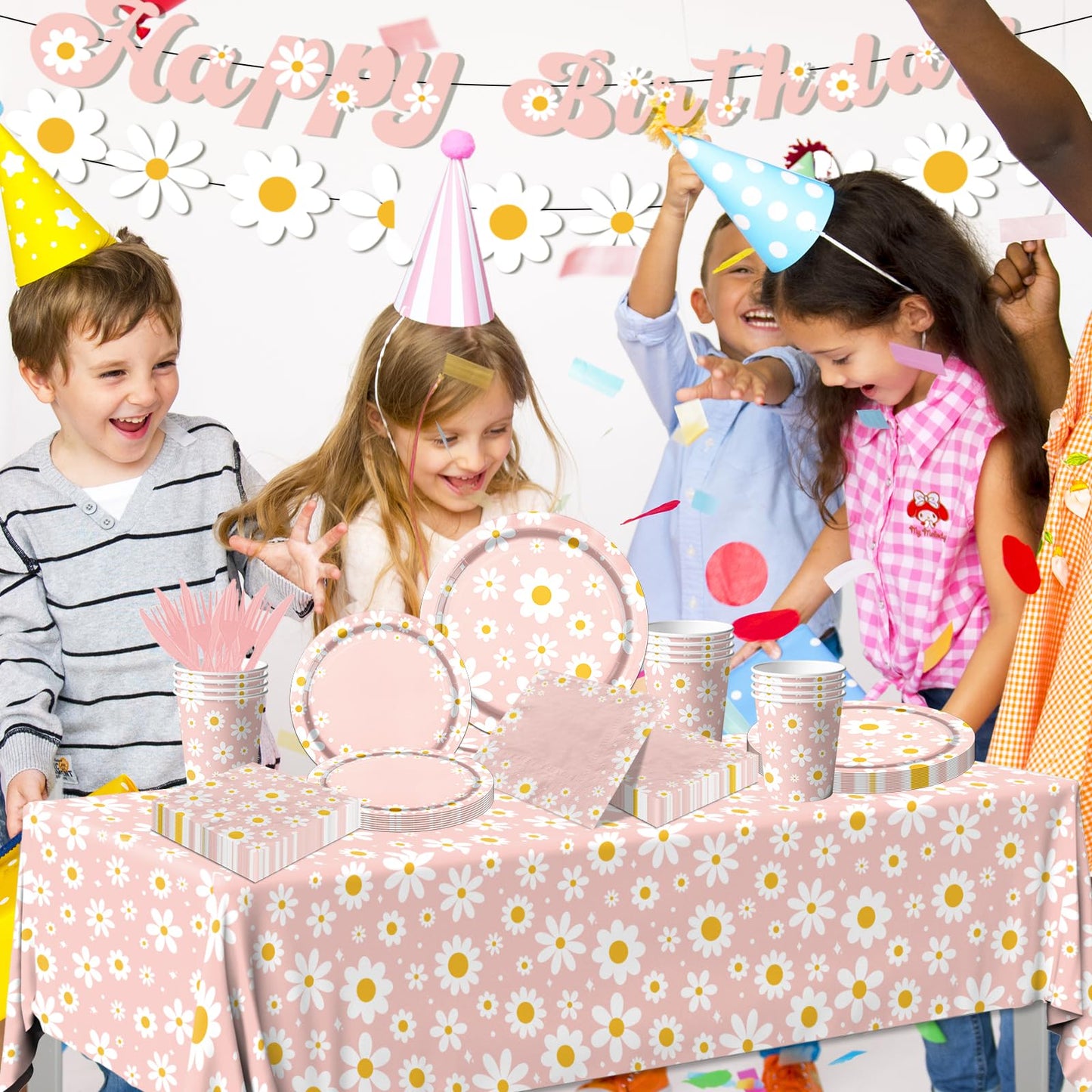 142PCS Daisy Birthday Party Tableware Set,Pink Groovy Daisy Flower Supplies Include Daisy Plates and Napkins Cup Tablecloth Banner for Retro Theme