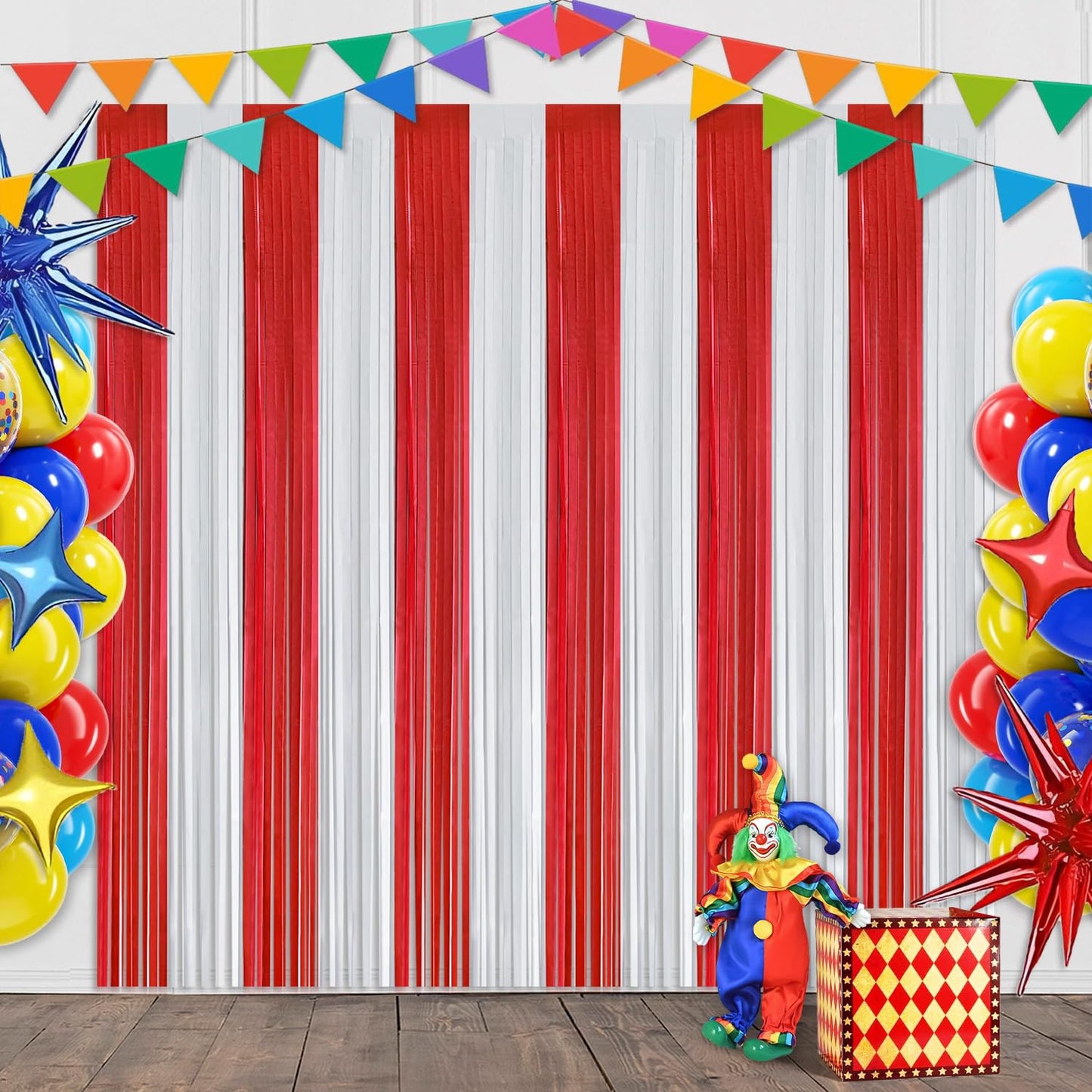 Carnival Circus Theme Red and White Foil Fringe Curtain Backdrop, 2 Pack