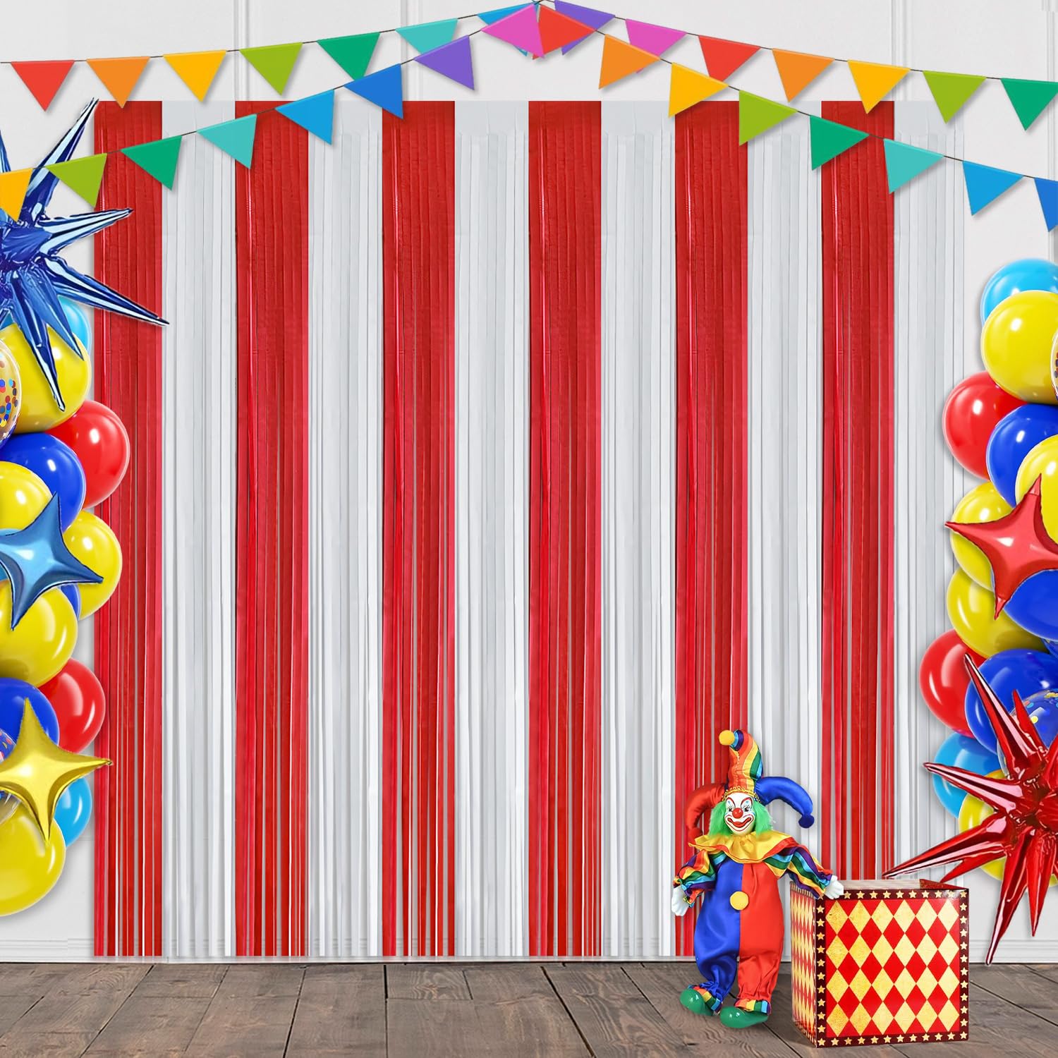 Carnival Circus Theme Red and White Foil Fringe Curtain Backdrop, 2 Pack