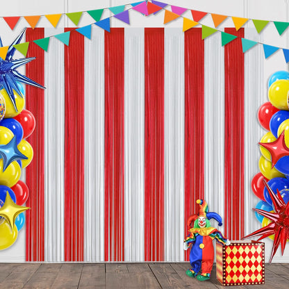 Carnival Circus Theme Red and White Foil Fringe Curtain Backdrop, 2 Pack