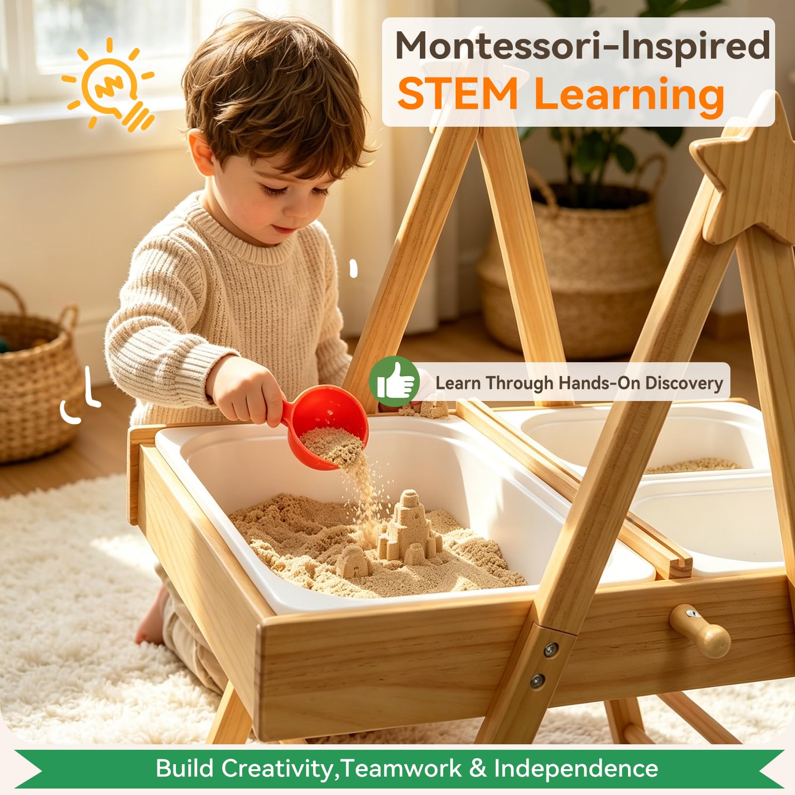 4in1 Water Table for Toddlers 1-3,Wooden Sensory Table & Sand Table for Kids,Indoor Outdoor Toddler Water Table with Slide Track Toys,3 Basins,Acrylic