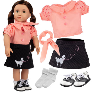Dress Along Dolly Poodle Skirt Doll Outfit - Compatible w American Girl 18" Dolls (5 Piece Set) - 1950's Costume Clothes Set Includes Scarf, Skirt