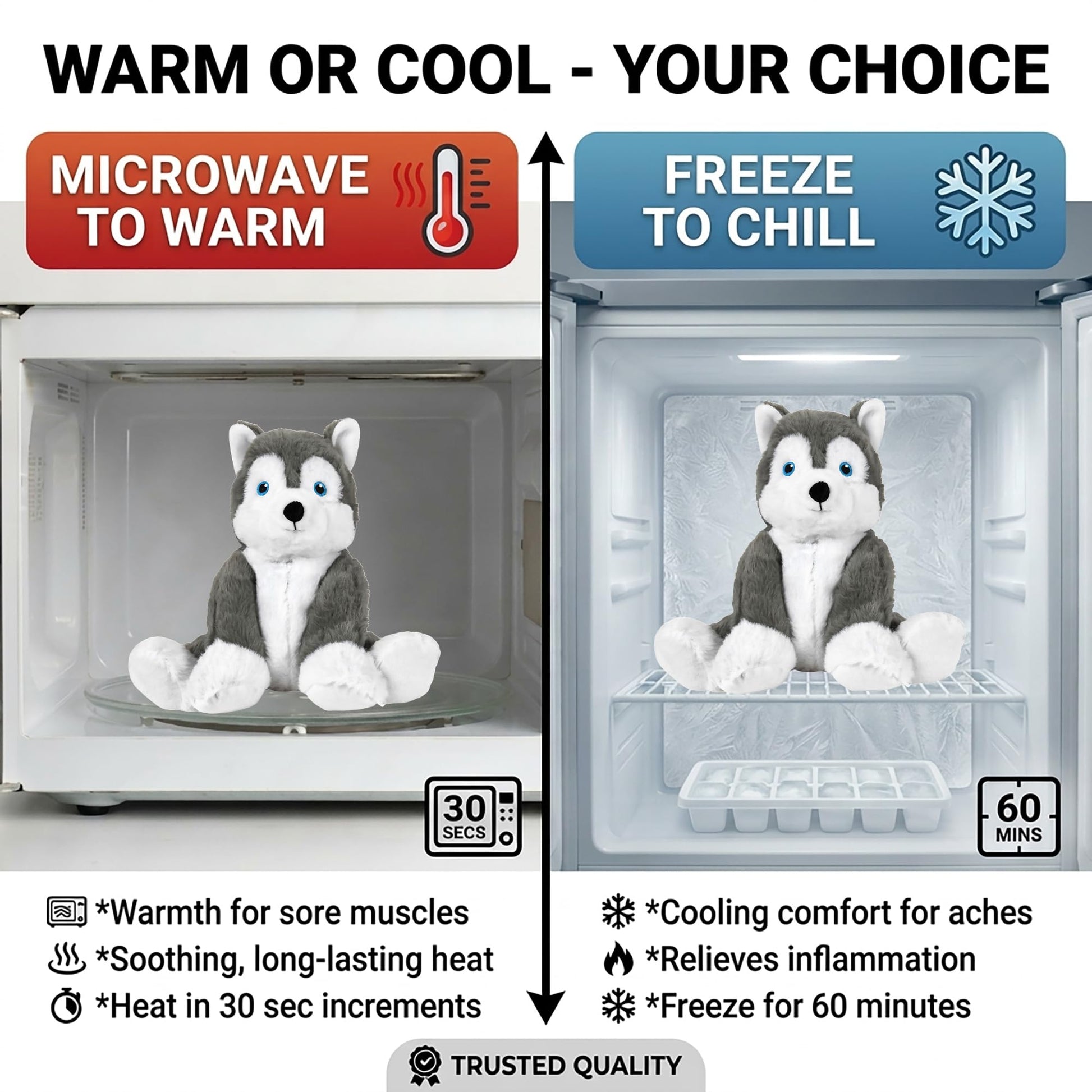 Hayes Husky - Microwavable & Weighted Plush Stuffed Animal - Heated Plushie for Warmth - Cute, Soft, Cozy Toy for Adults & Children (Boys, Girls
