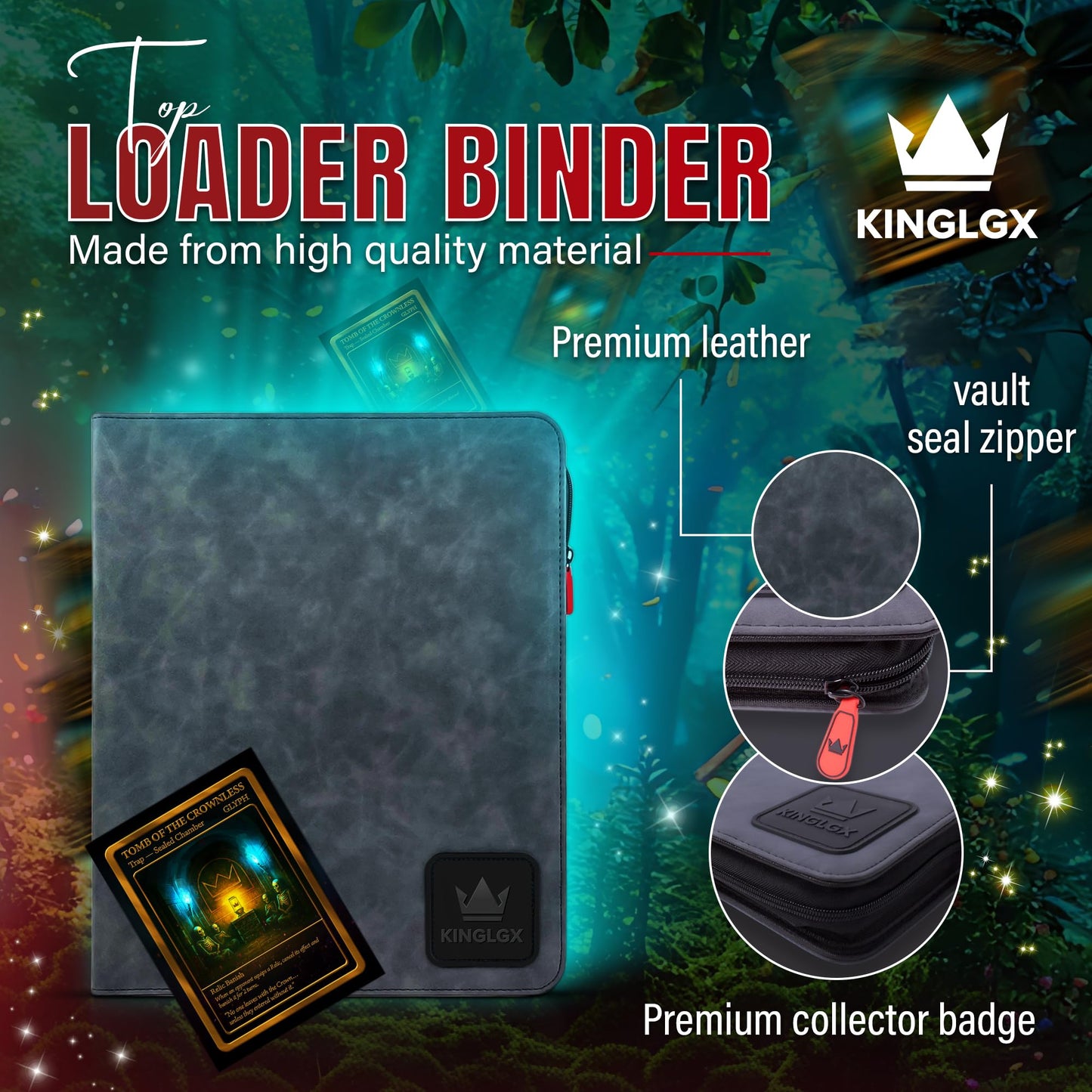 KINGLGX Top Loader Binder - Includes 9 Card KINGLGX Booster Pack - 1 Guaranteed Holo, Holds 252 Toploaders, Rigid 9-Pocket Pages, Premium Zippered