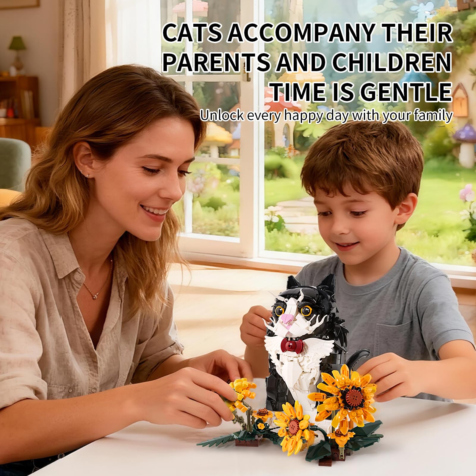 LPPROTECTOR Sunflower Gentle Kitty Building Set for Adults - 1434 Pcs Tuxedo Cat Statue with Rotating Head and Poseable Tail - 3D Tuxedo Kitty Model