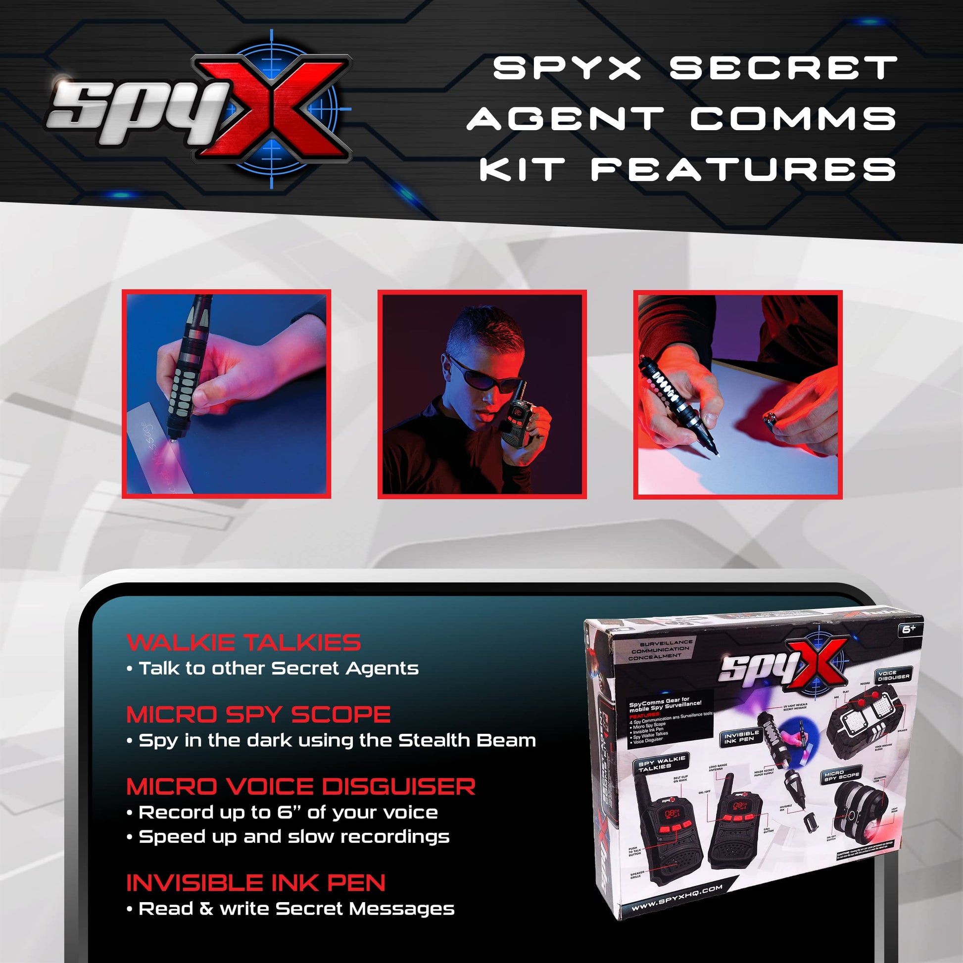 SpyX / Secret Agent Comms Kit - Includes Spy Toy Walkie-Talkie Pair / Micro Spy Scope / Invisible Ink Pen / Secret Voice Disguiser. 4 Communication &