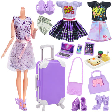 18INDC 17 Pcs Doll Clothes and Accessories Suitcase Travel Set - Miniature Laptop Computer Tablet Phone, Suitcase,Backpack Bag,Clothes