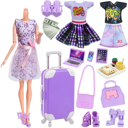 18INDC 17 Pcs Doll Clothes and Accessories Suitcase Travel Set - Miniature Laptop Computer Tablet Phone, Suitcase,Backpack Bag,Clothes