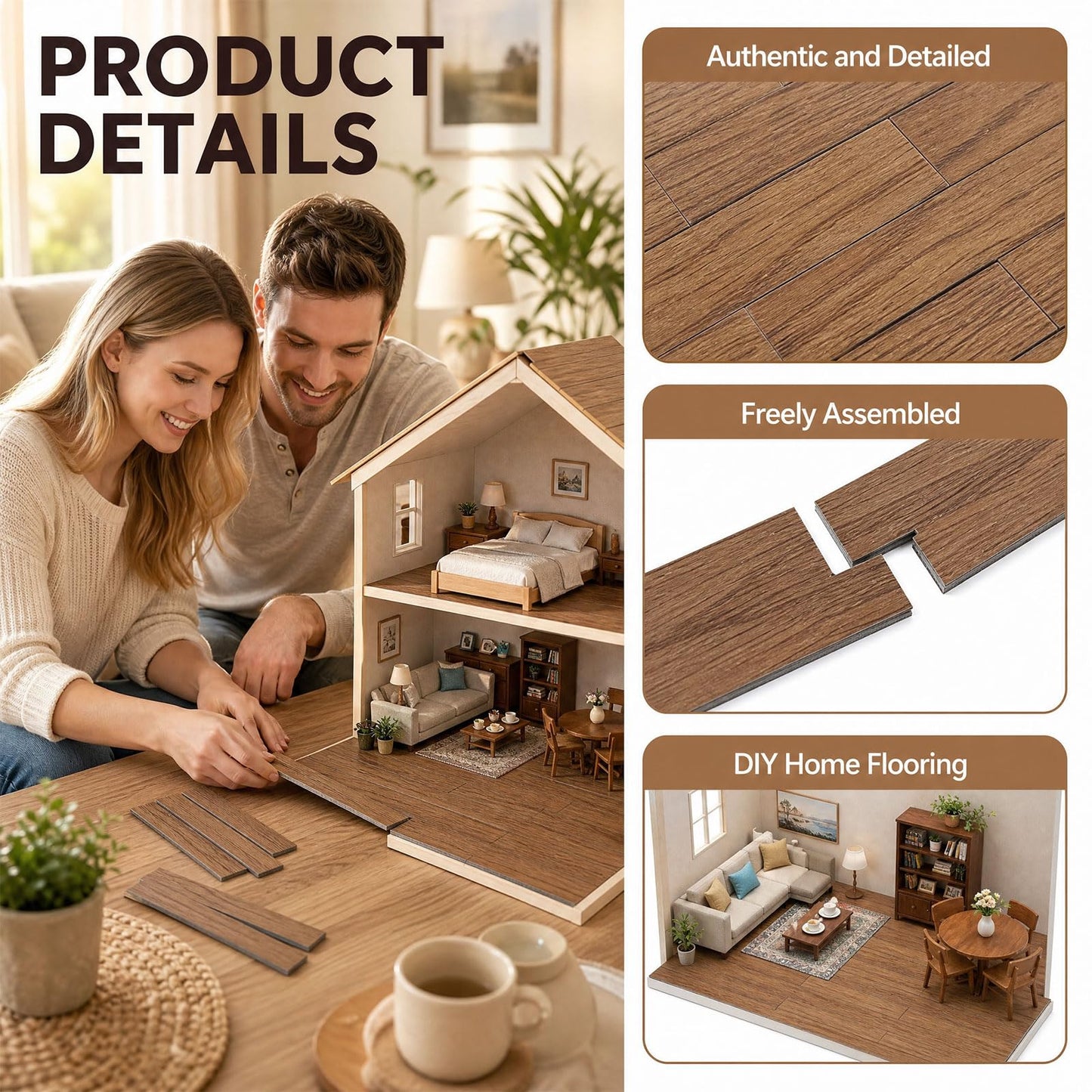 40 Pcs Miniature Dollhouse Flooring 1/12 Scale Self Adhesive Mini Floor Boards, Peel and Stick for Model Decor and DIY Realistic Room Projects