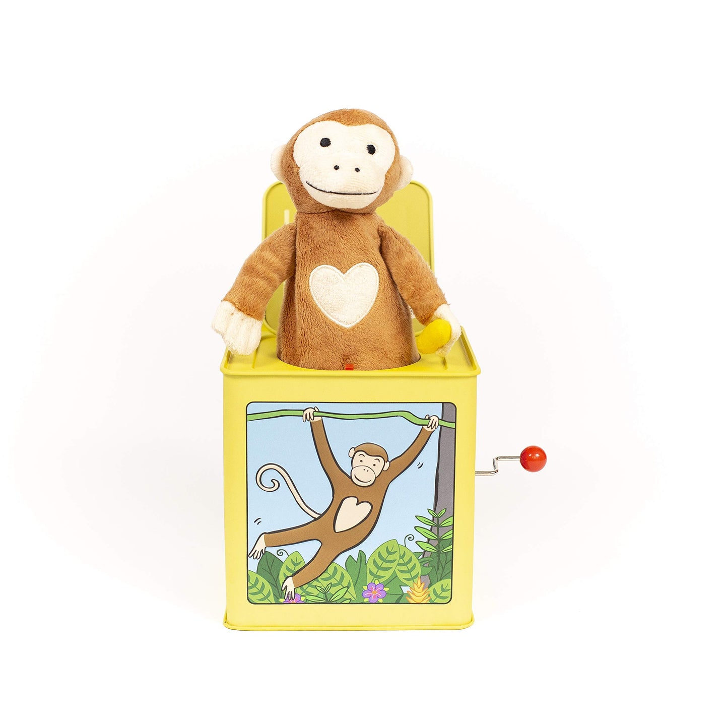Jack Rabbit Creations Monkey Jack in the Box, Plush Surprise, Side Crank Plays Pop Goes the Weasel, Classic Tin Toy for Kids Ages 3+