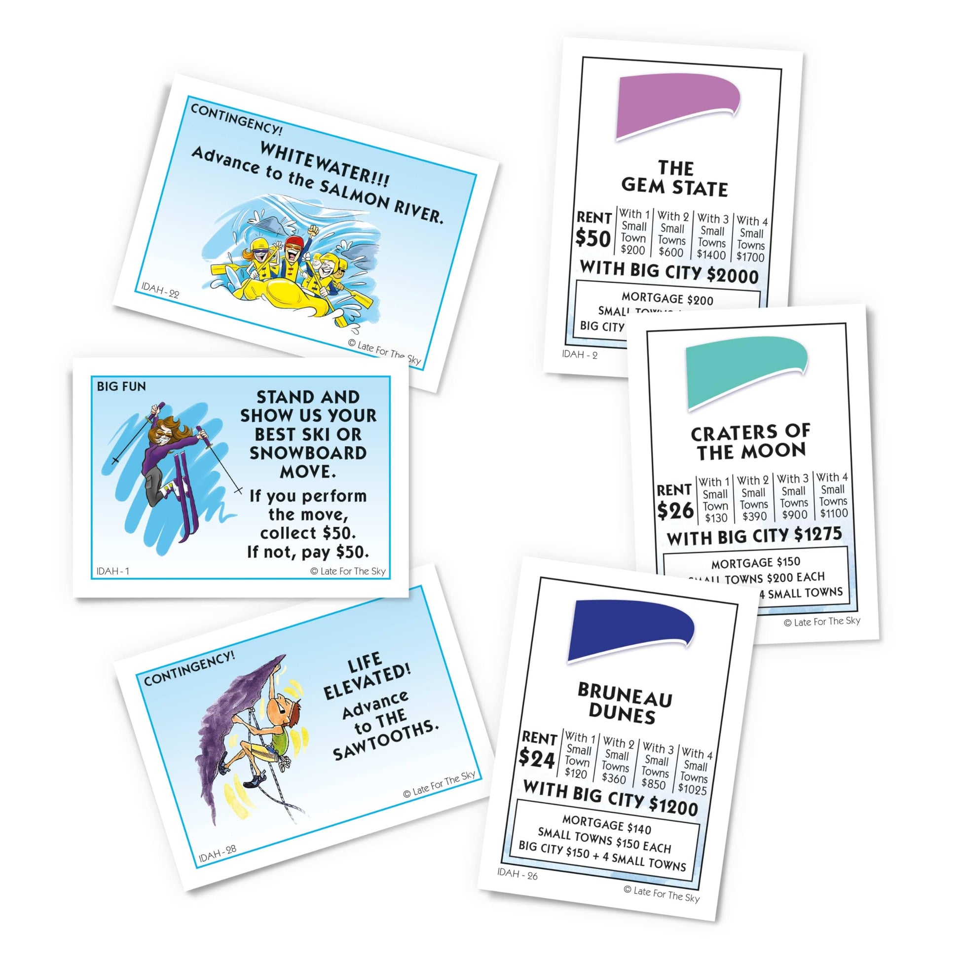 Late for The Sky Idaho-Opoly Board Game - Idaho State Themed Family Strategy, Opoly-Style Fun for 2-6 Players, Ages 8+, Traditional or Fast 1-Hour