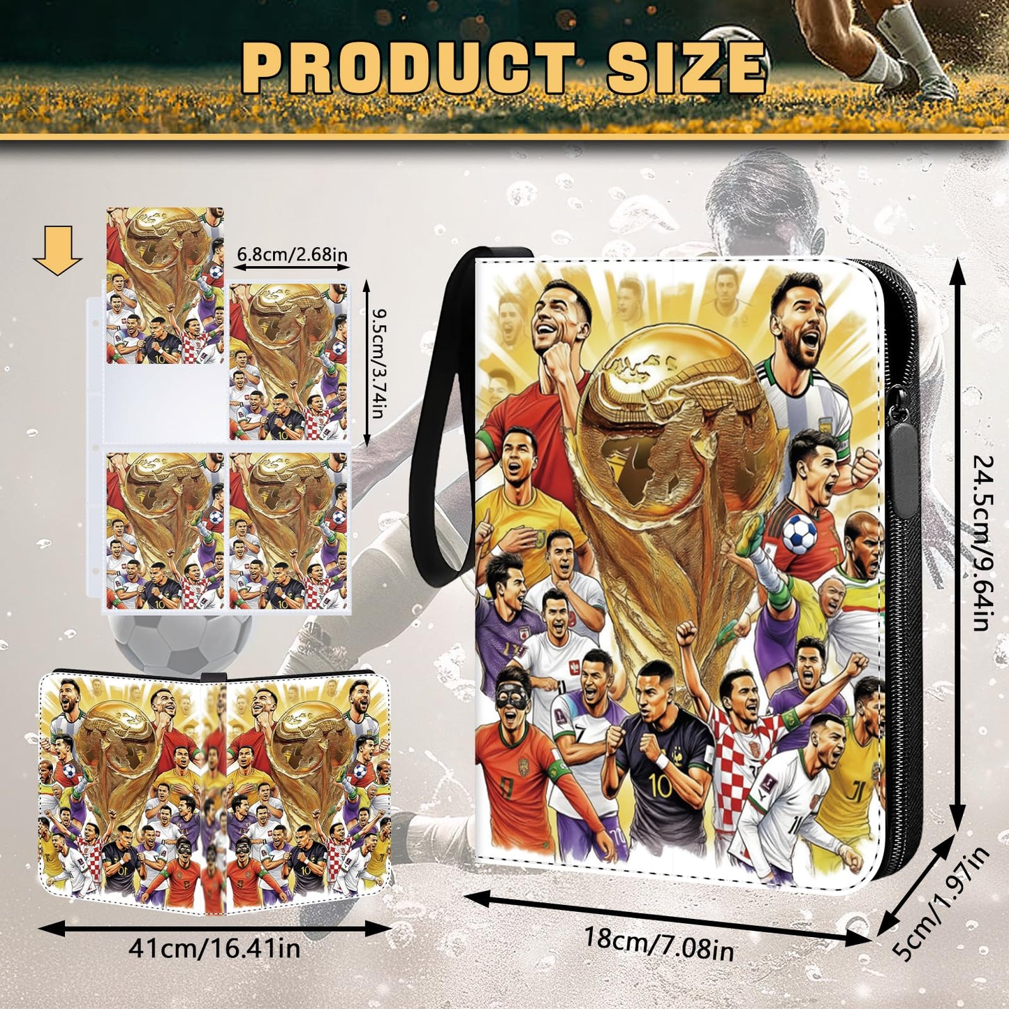 Soccer Card Binder 4 Pocket,Trading Card Binder Fits 440 Cards with 55 Removable Sleeves,Binder Collection Booklet with Zipper, PU Portable Card