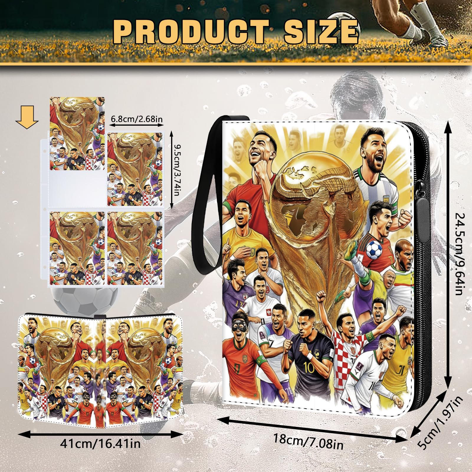 Soccer Card Binder 4 Pocket,Trading Card Binder Fits 440 Cards with 55 Removable Sleeves,Binder Collection Booklet with Zipper, PU Portable Card