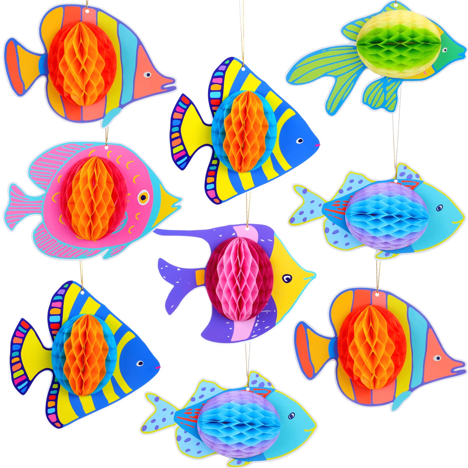 Skylety 9 Pcs Under The Sea Party Decorations Ocean Themed Animal Honeycomb Hanging Centerpiece Large Tropical Fish Decor Mermaid Creatures Supplies
