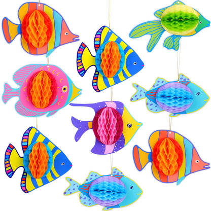 Skylety 9 Pcs Under The Sea Party Decorations Ocean Themed Animal Honeycomb Hanging Centerpiece Large Tropical Fish Decor Mermaid Creatures Supplies