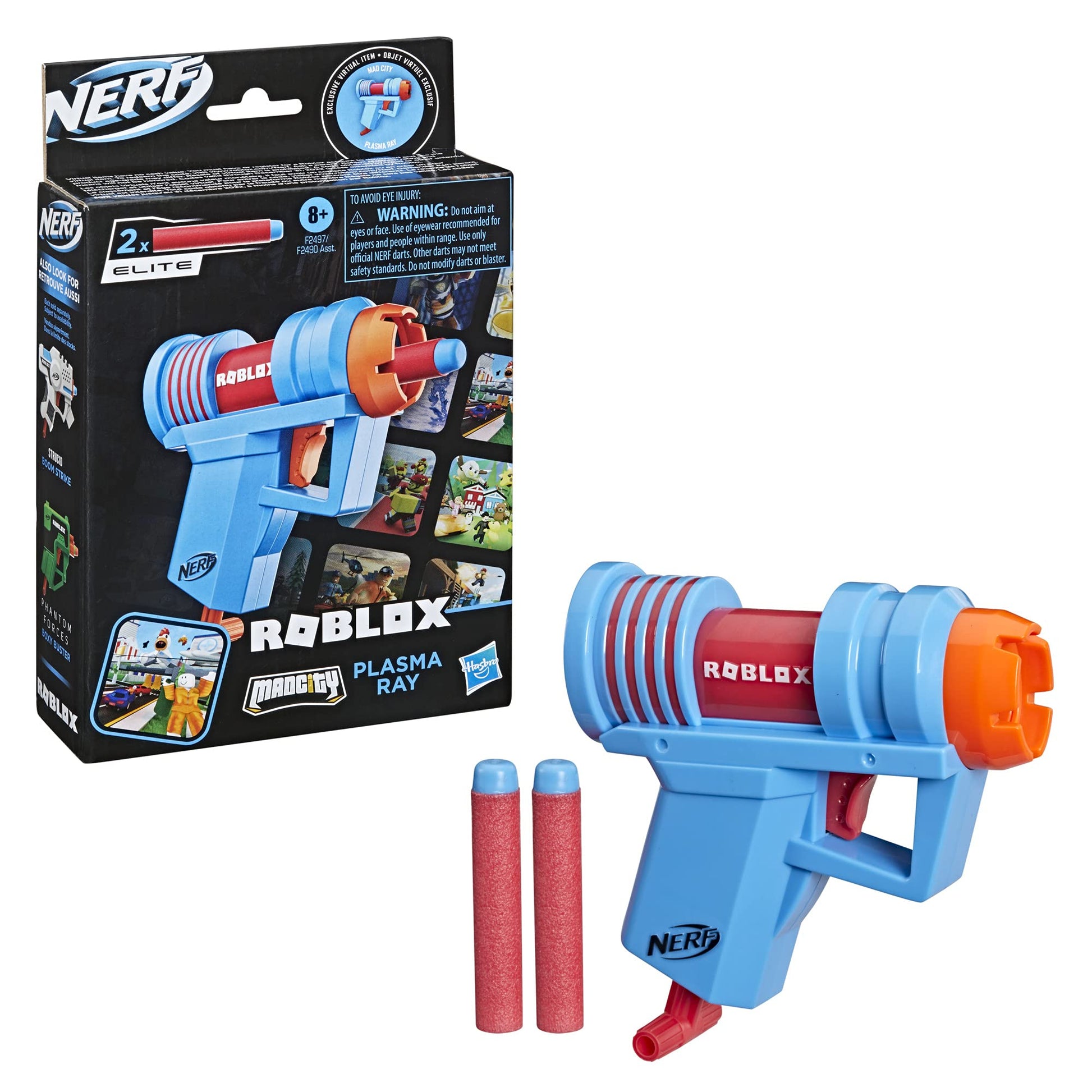Nerf Roblox Mad City: Plasma Ray Dart Blaster, Pull-Down Priming Handle, 2 Elite Darts, Code to Unlock in-Game Virtual Item