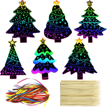 Aviski 96Pcs Christmas Tree Scratch Paper Rainbow Color Scratch Ornaments Christmas Decorations Hanging Craft Art Kits with Wooden Stick and Ribbon