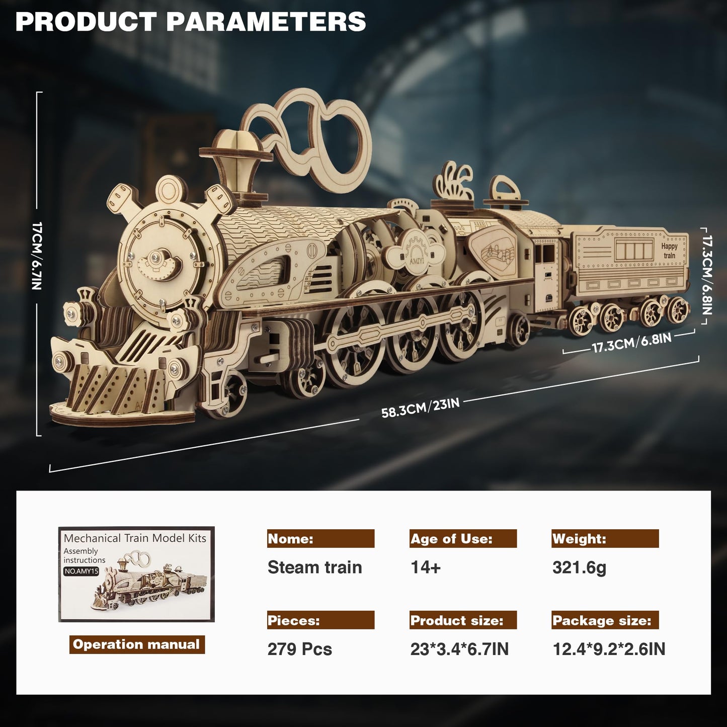 Fuiltee 3D Wooden Puzzles for Adults, DIY Mechanical Train Model Kit, Movable Model Train, Removable Carriages, Unique Gift for 14+ Teens and Adults