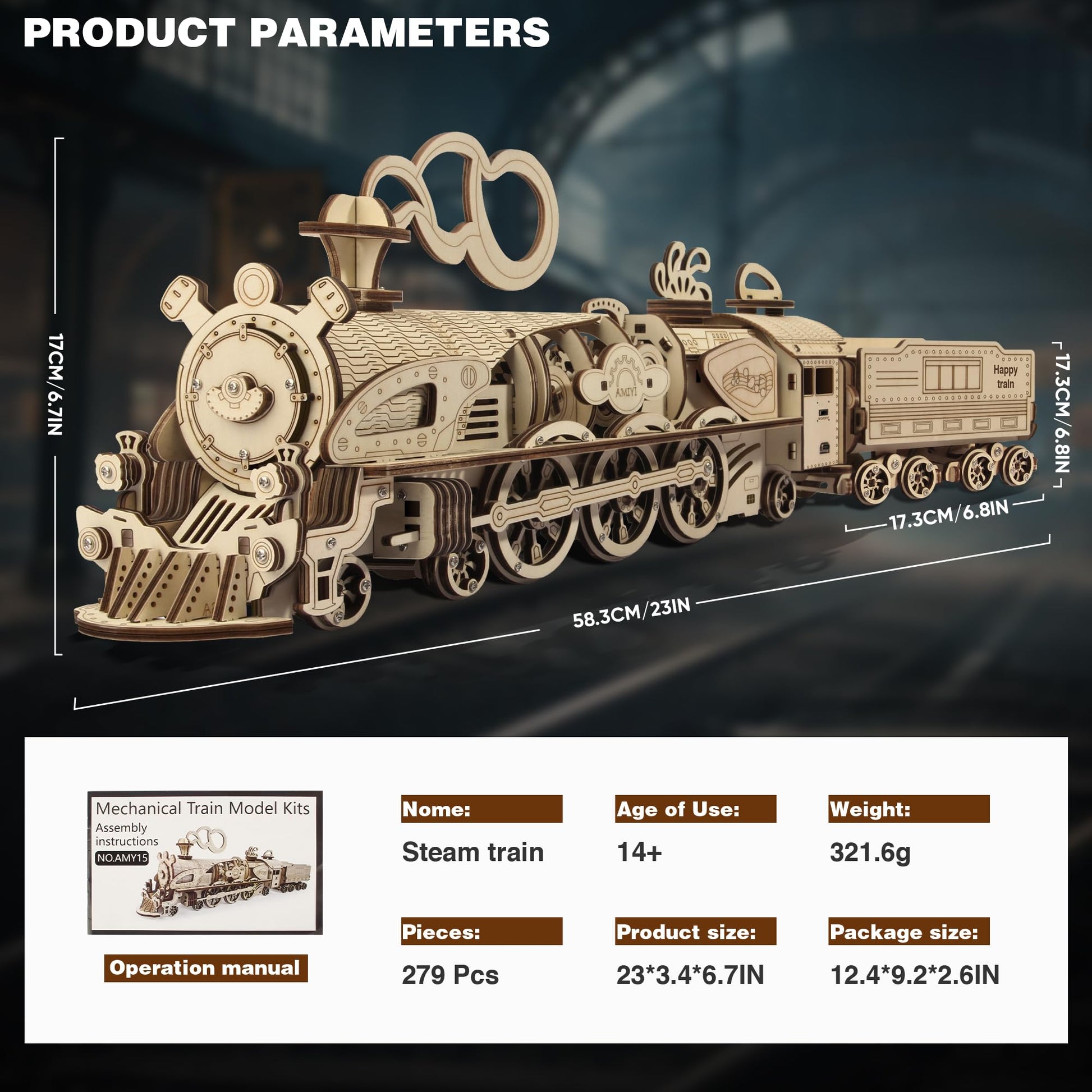 Fuiltee 3D Wooden Puzzles for Adults, DIY Mechanical Train Model Kit, Movable Model Train, Removable Carriages, Unique Gift for 14+ Teens and Adults