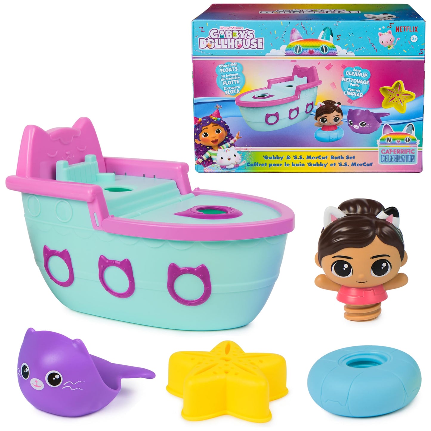 DREAMWORKS GABBY'S DOLLHOUSE Gabby & SS Mercat Bath Set, Floating Toddler Bath Toys with Cruise Ship & Squirter, Kids Toys for Girls & Boys Ages 3+