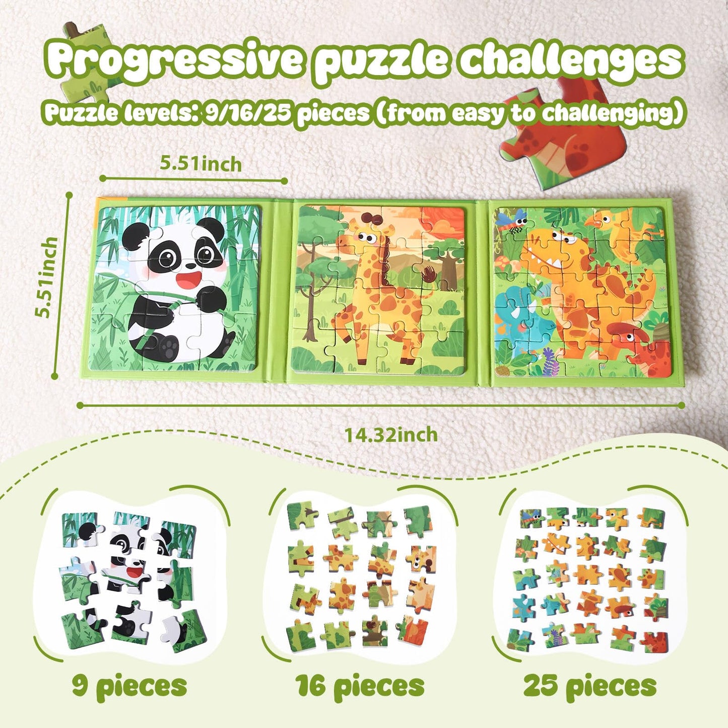 Magnetic Puzzles for Kids 3-5 Years, 3 in 1 Montessori Learning Toys with 9/16/25 PCS, Travel Activity for Toddlers Age 3-5, Preschool Puzzle Game