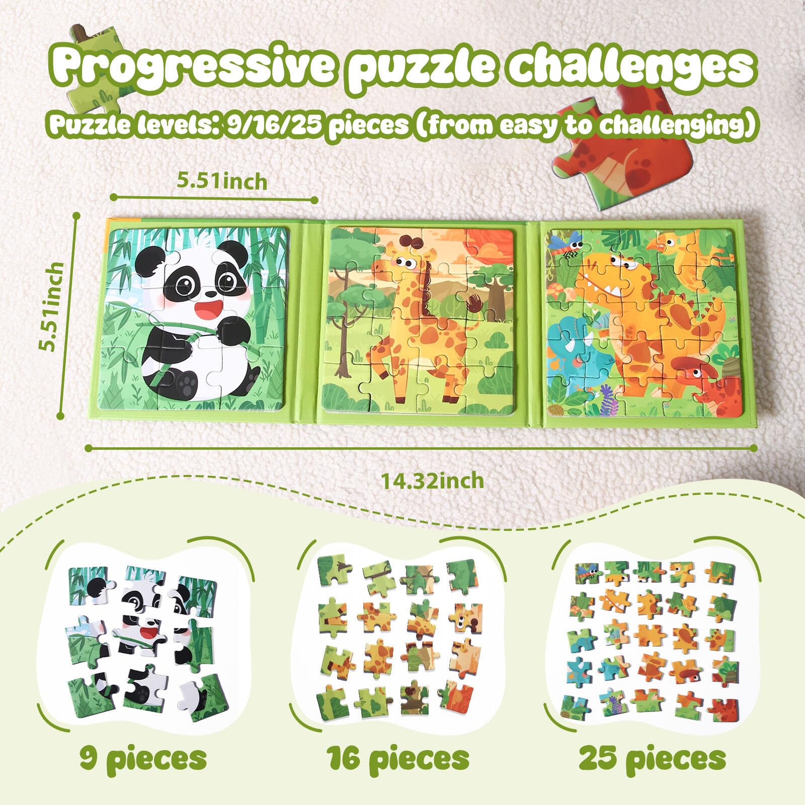 Magnetic Puzzles for Kids 3-5 Years, 3 in 1 Montessori Learning Toys with 9/16/25 PCS, Travel Activity for Toddlers Age 3-5, Preschool Puzzle Game
