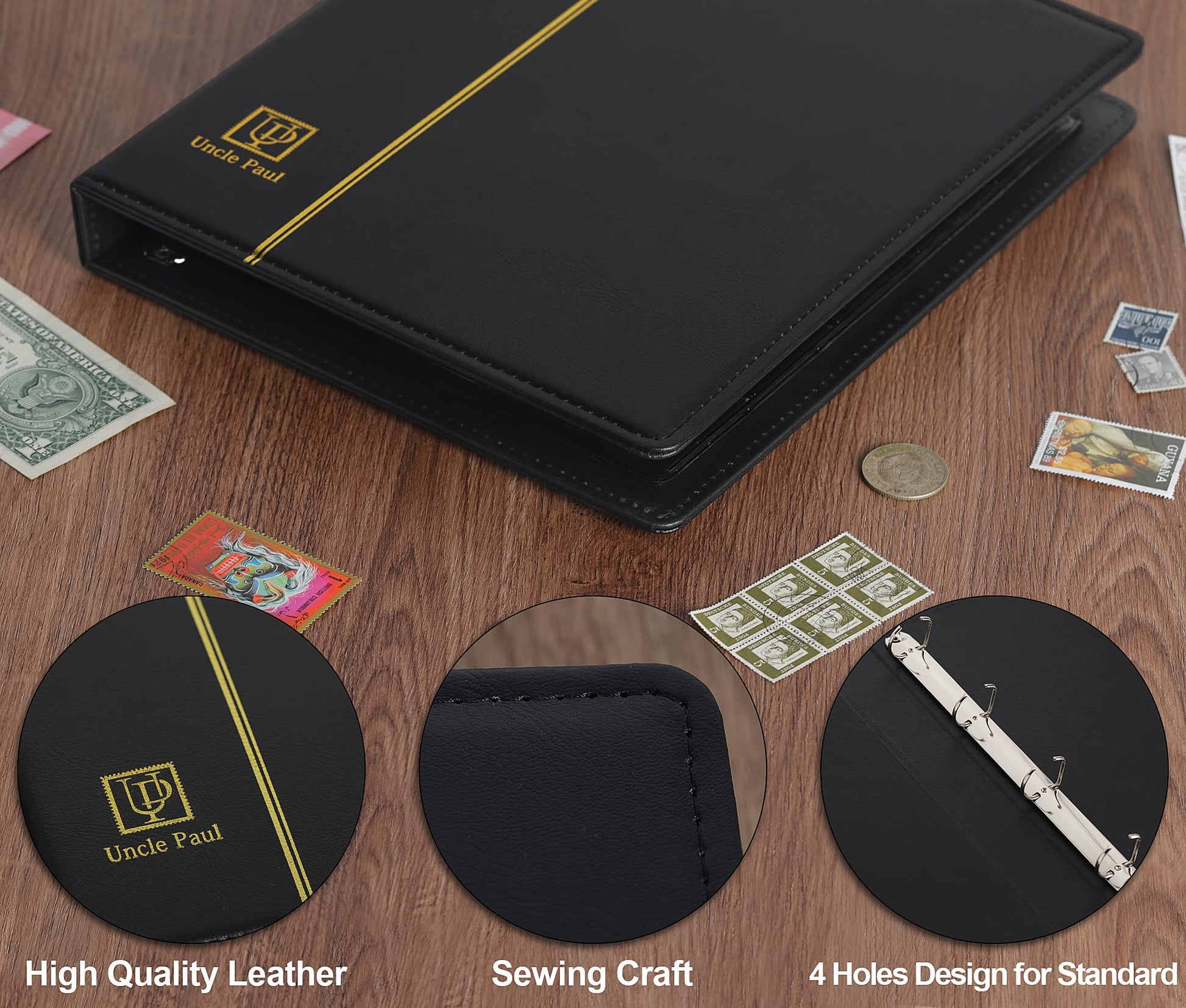 Uncle Paul 4 Ring Binder Albums - 12.5" x 10" Black Cover Binders Compatible with 9-Hole 11-Hole Pocket Pages Universal for Stamps Coins Banknotes