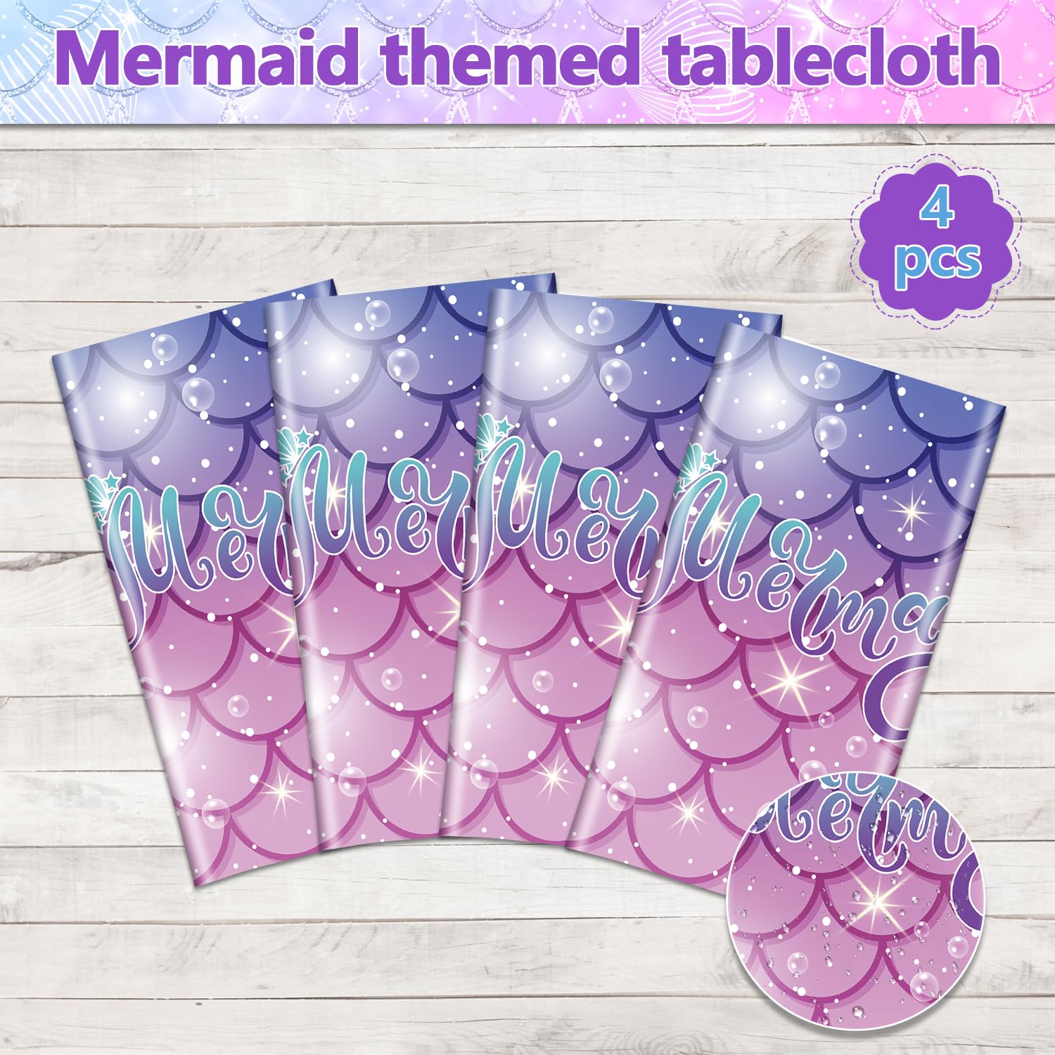 4 Pcs Rectangular Mermaid Table Covers, Disposable Table Cloths for Parties Under the Sea Baby Shower Mermaid Birthday Decorations, 51x86 Inch