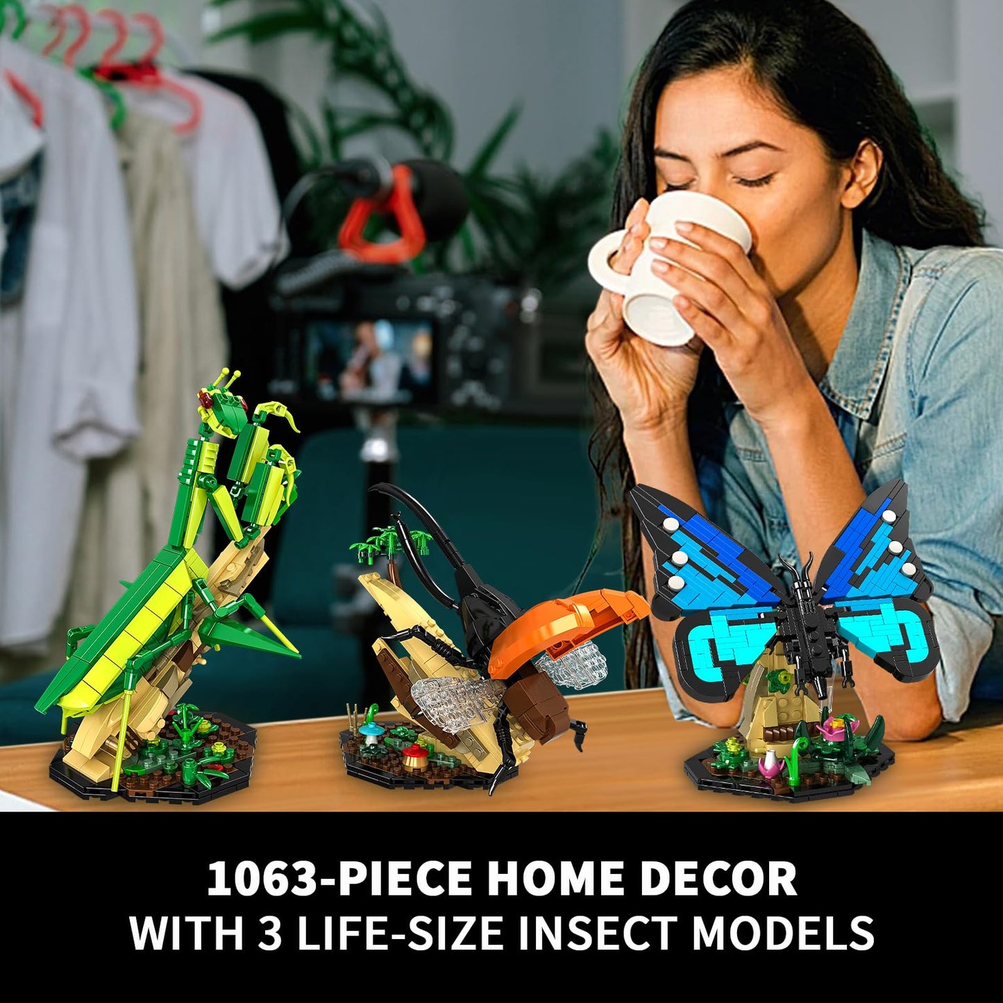 Insect Collection Building Toy Set, with Life-Size Blue Butterfly, Mantis and Beetle Display Models, Fun Gift for Nature Lovers, Bug Building Office