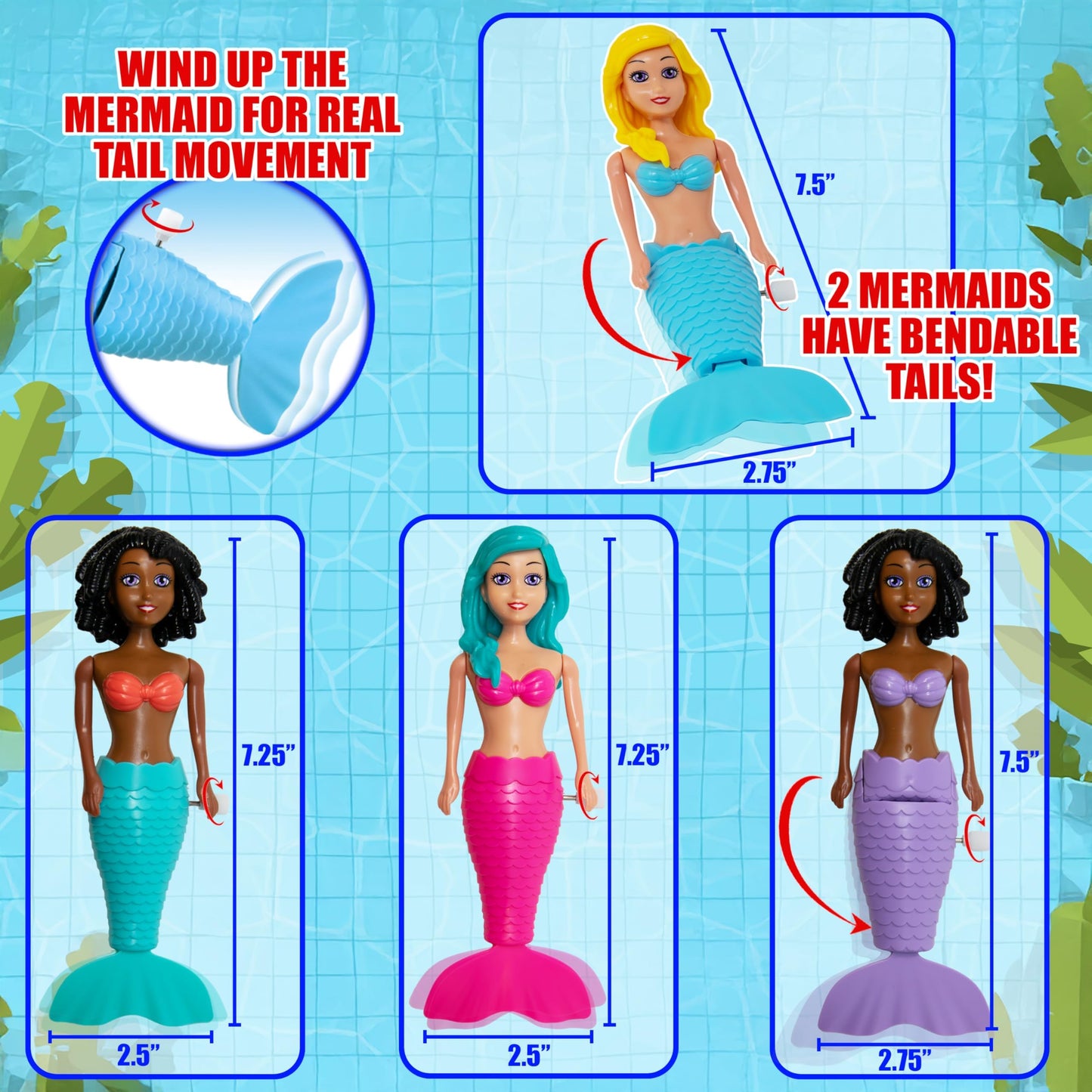 Kiddie Play Mermaid Bath Toys 4 Wind-Up Mermaid Dolls Pool Swim Toys for Kids Toddlers Mermaids Gifts for Girls