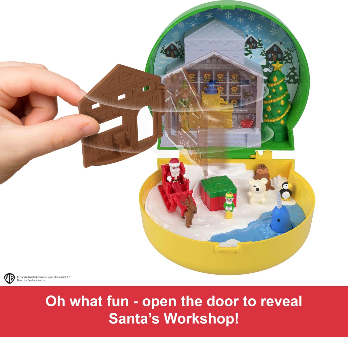 Polly Pocket x Elf Collaboration Compact, Micro Dolls and Holiday Theme Playset, 6 Themed Accessories, Buddy, Santa, & Papa Elf Figures