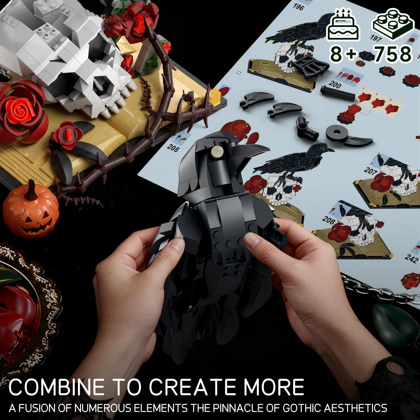 Gothic Raven & Skull Art Building Set, Skull Decor Features Ravens, Skulls, Roses, Crosses, and Books - Eye-Catching Table Centerpiece, Halloween or