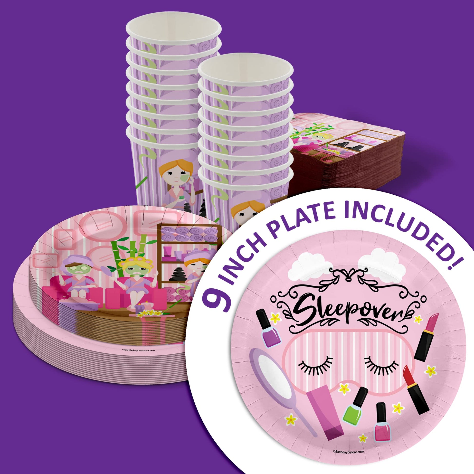 Spa Sleepover Slumber Party Supplies - 64 Piece Girls Pajama Birthday Tableware Set Includes Large 9" Dinner Plates and 8" Dessert Paper Plates