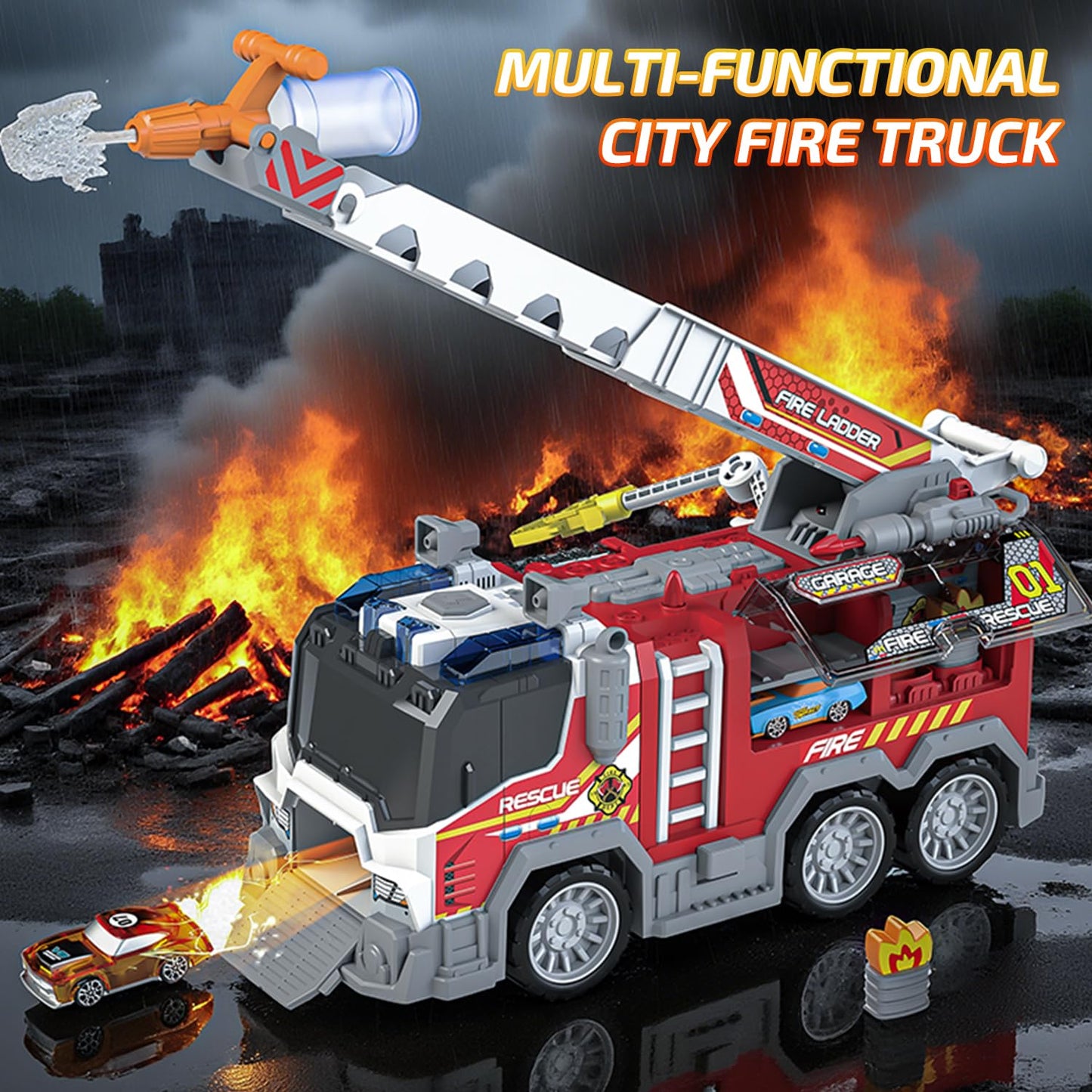 Toddler Fire Truck Toy with Water Spray | Firetruck Toy for Kids | Light & Sound Effects | Adjustable Angle & Length | Firefighter Toys | Holiday