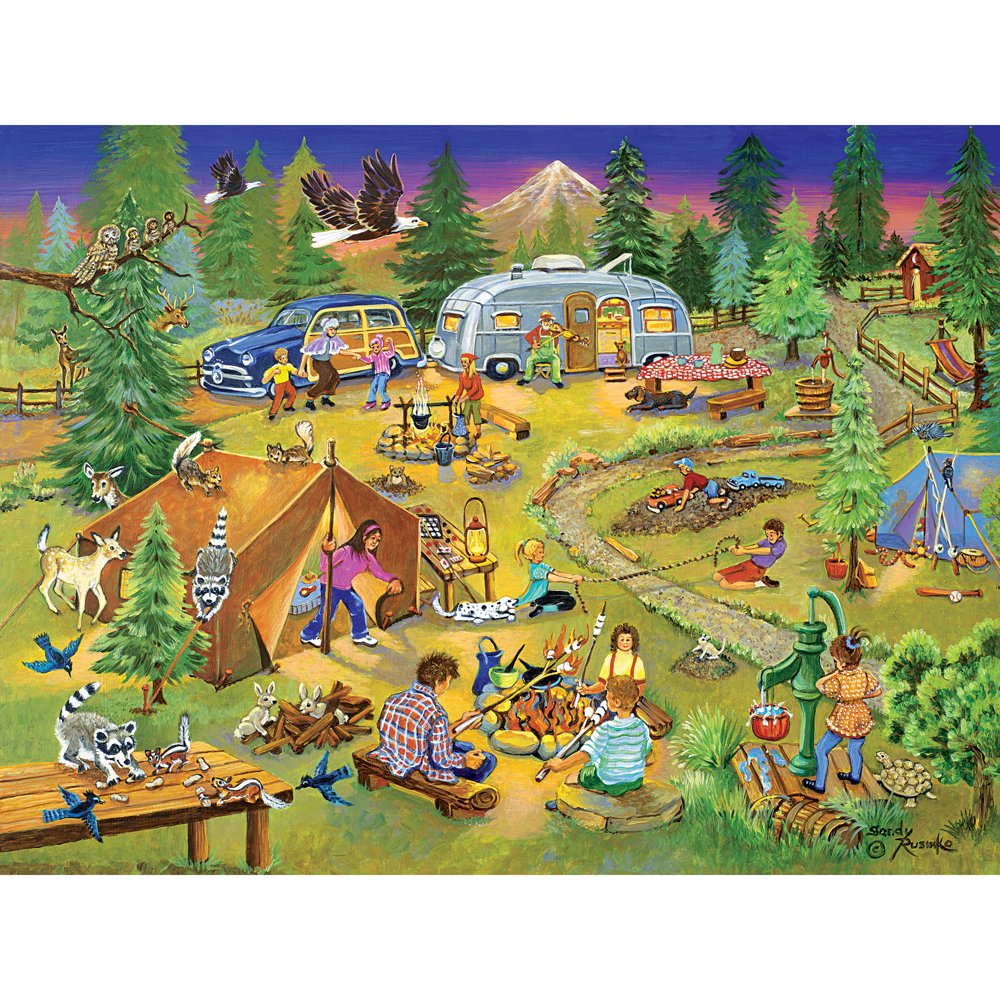 Bits and Pieces - Large 500 Piece Jigsaw Puzzle for Adults - ‘Camping with Grandma and Gramps’ Jigsaw Puzzle by Artist Sandy Rusinko, Completed Puzzle