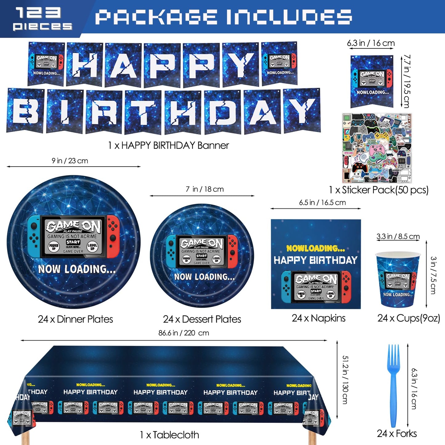 Video Game Party Supplies & Decorations Set for 24 Guests - Birthday Party Plates, Napkins, Cups, Forks, Tablecloth, Banner & Stickers - 123 Pcs