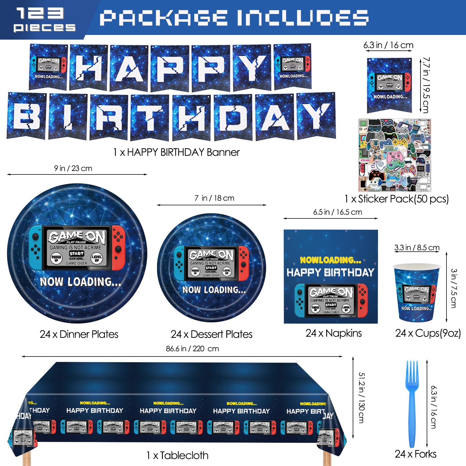 Video Game Party Supplies & Decorations Set for 24 Guests - Birthday Party Plates, Napkins, Cups, Forks, Tablecloth, Banner & Stickers - 123 Pcs