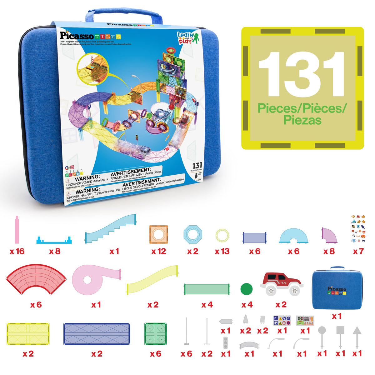 PicassoTiles 131PC Magnetic Tiles, Marble Run, Race Track Building Toy Set