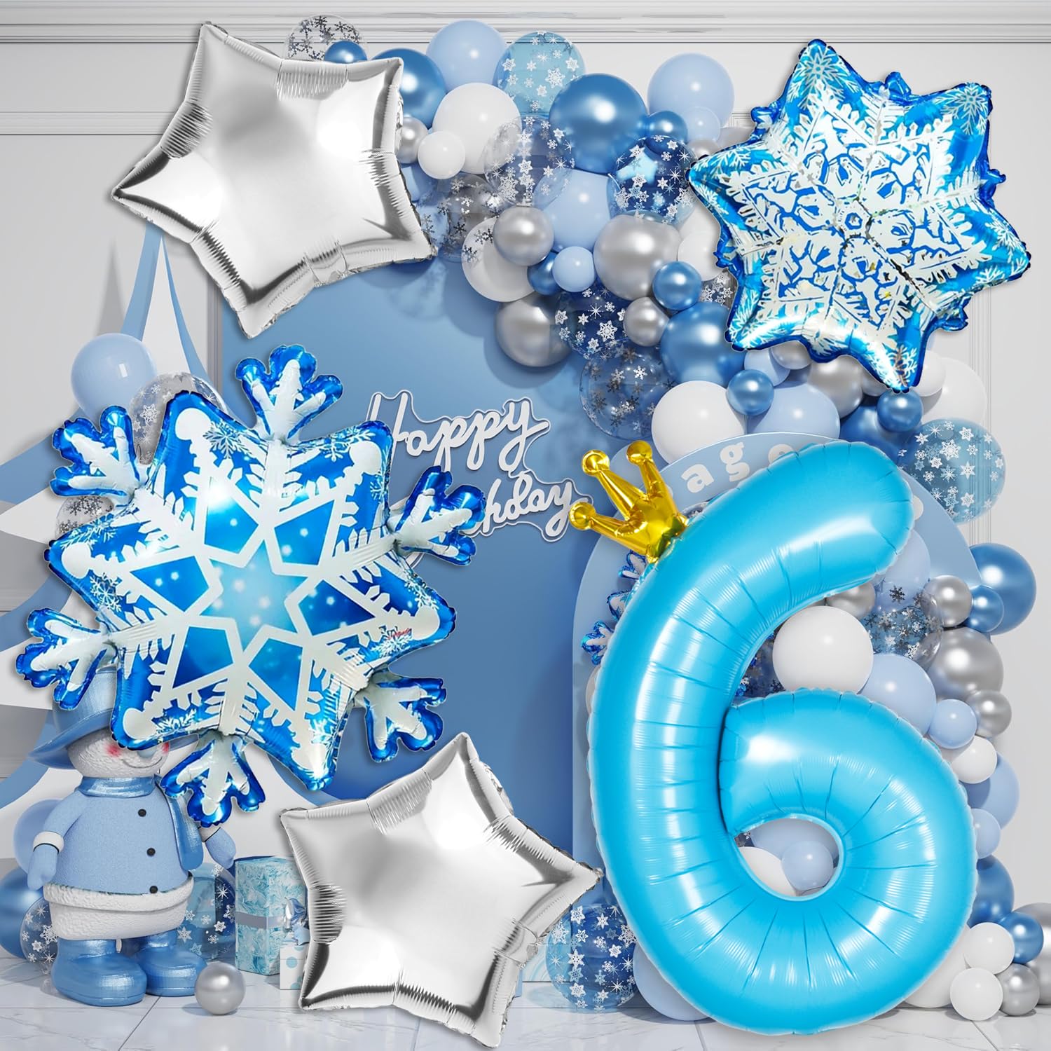 Frozen 4th Birthday Party Decorations Balloon, 40" Elsa 4 Balloon with Crown SnowFlake Foil Mylar Balloons for Princess Anna Elsa Frozen Theme