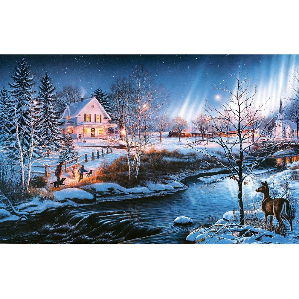 Bits and Pieces - Large 300 Piece Glow in The Dark Jigsaw Puzzle for Adults - All is Bright by Artist James Meger - Winter Holiday Landscape Jigsaw