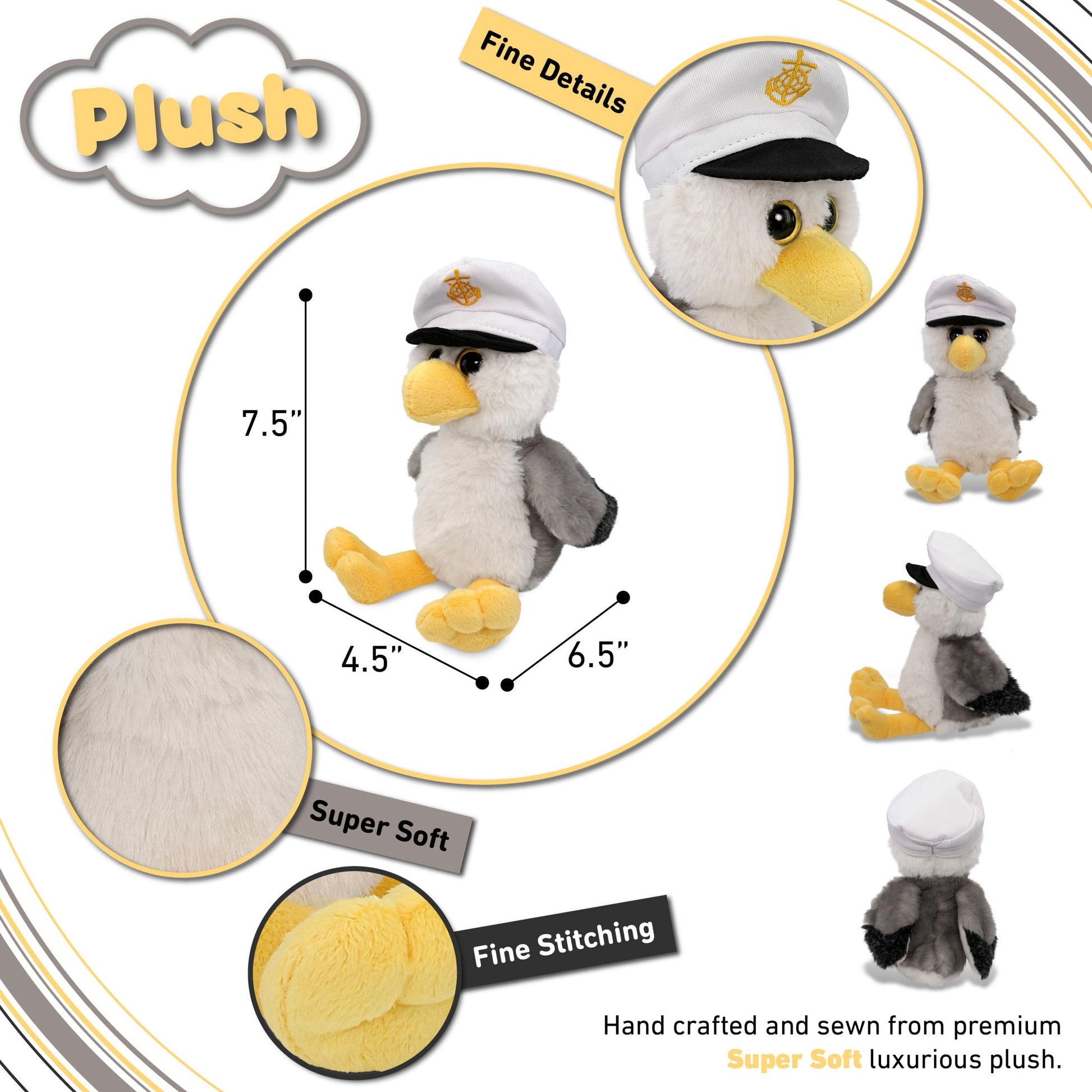 DolliBu Plush Seagull Stuffed Animal - Soft Huggable Gray Seagull Sailor, Adorable Playtime Plush Toy Animal, Cute Sea Bird Cuddle Gifts for Kids