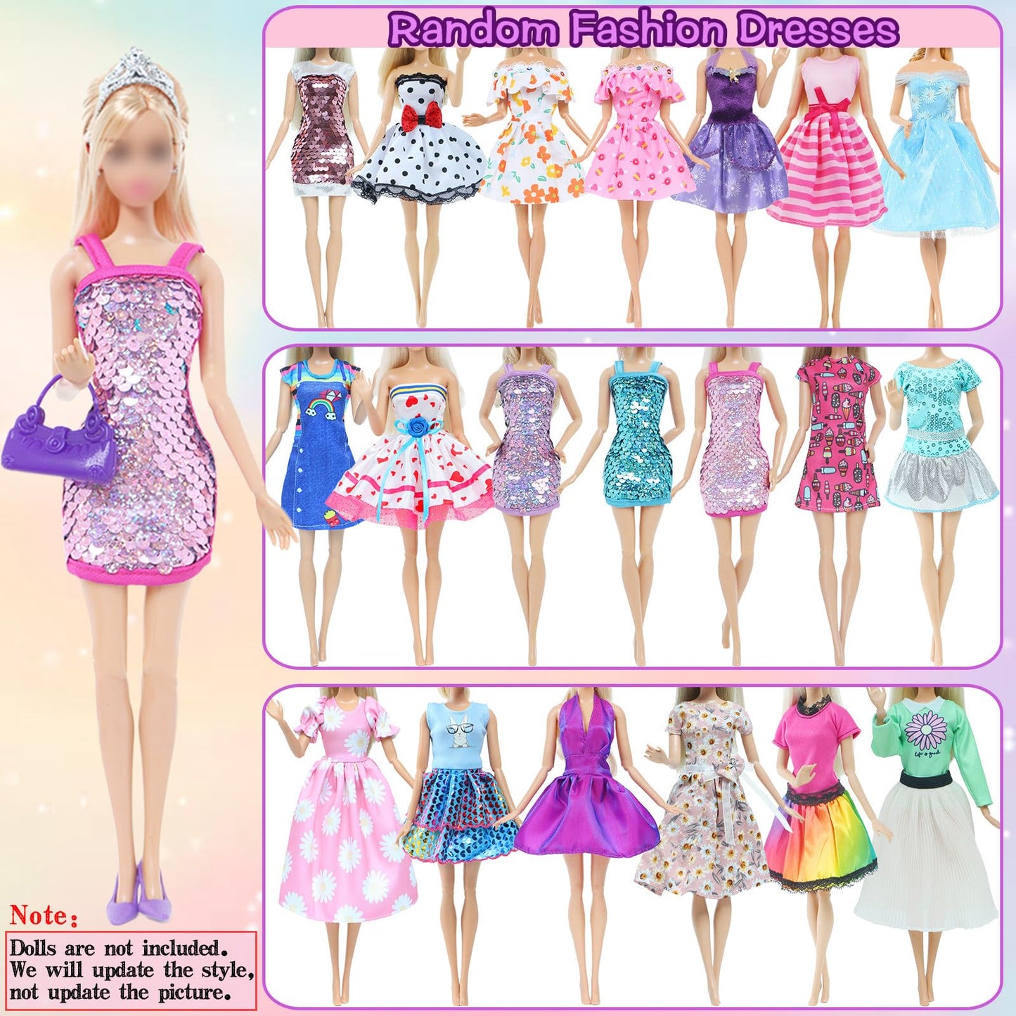 MCZQXW 65 Pcs Doll Clothes and Accessories, 5 Fashion Dresses, 3 Wedding Gowns, 4 Outfits Top & Pant, 3 Swimsuits Bikini, 5 Slip Skirts, 20 Hangers