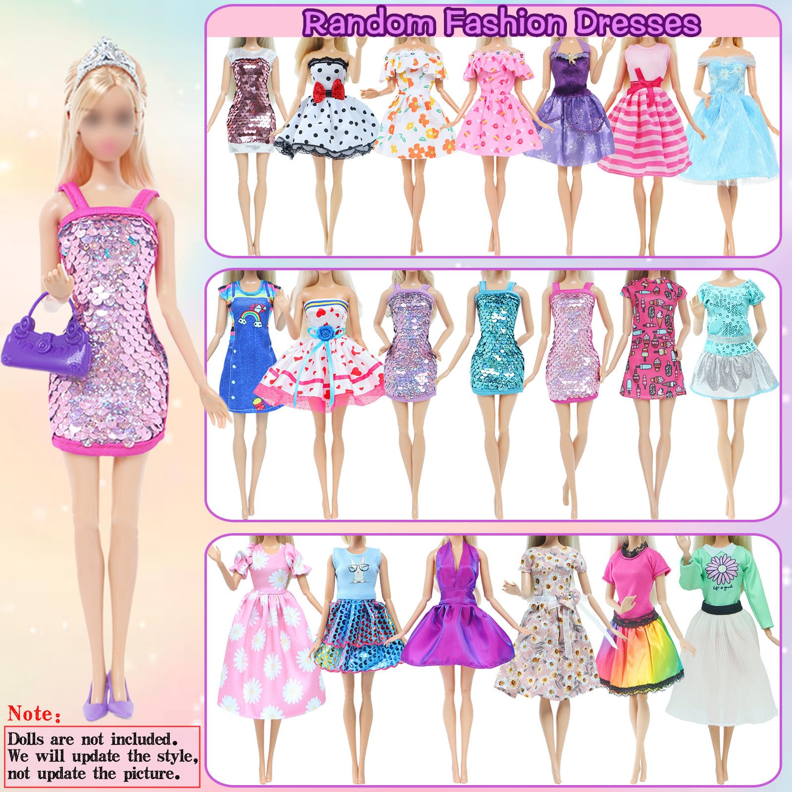 MCZQXW 65 Pcs Doll Clothes and Accessories, 5 Fashion Dresses, 3 Wedding Gowns, 4 Outfits Top & Pant, 3 Swimsuits Bikini, 5 Slip Skirts, 20 Hangers
