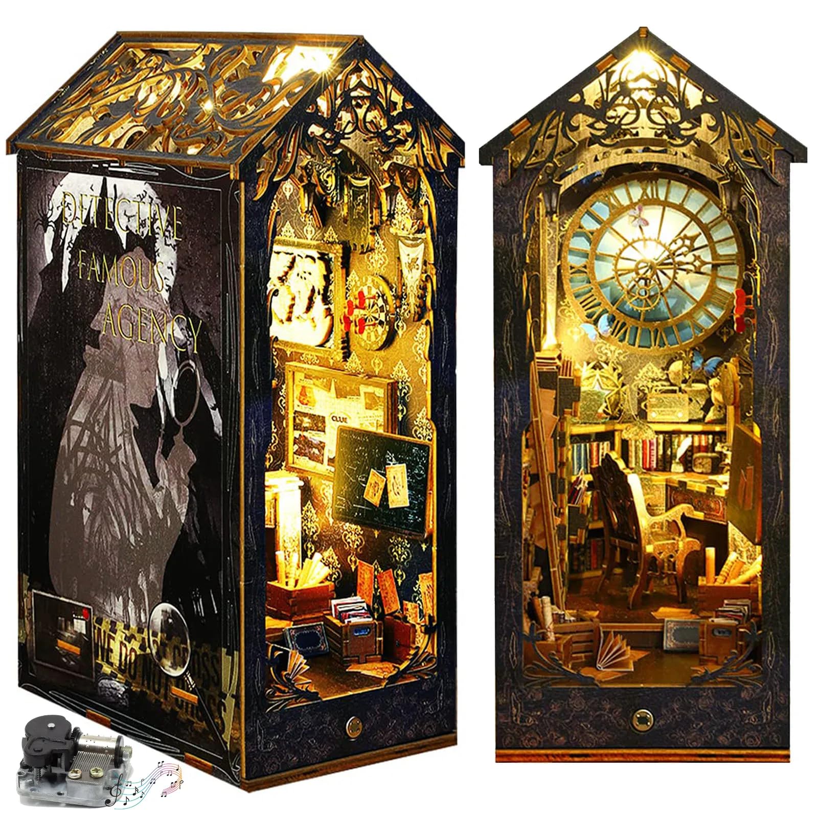 DIY Book Nook Kit, Book Nook Shelf Insert Kit Light Up Bookends,DIY Miniature Dollhouse Booknook Kits for Adults (Detective Agency)