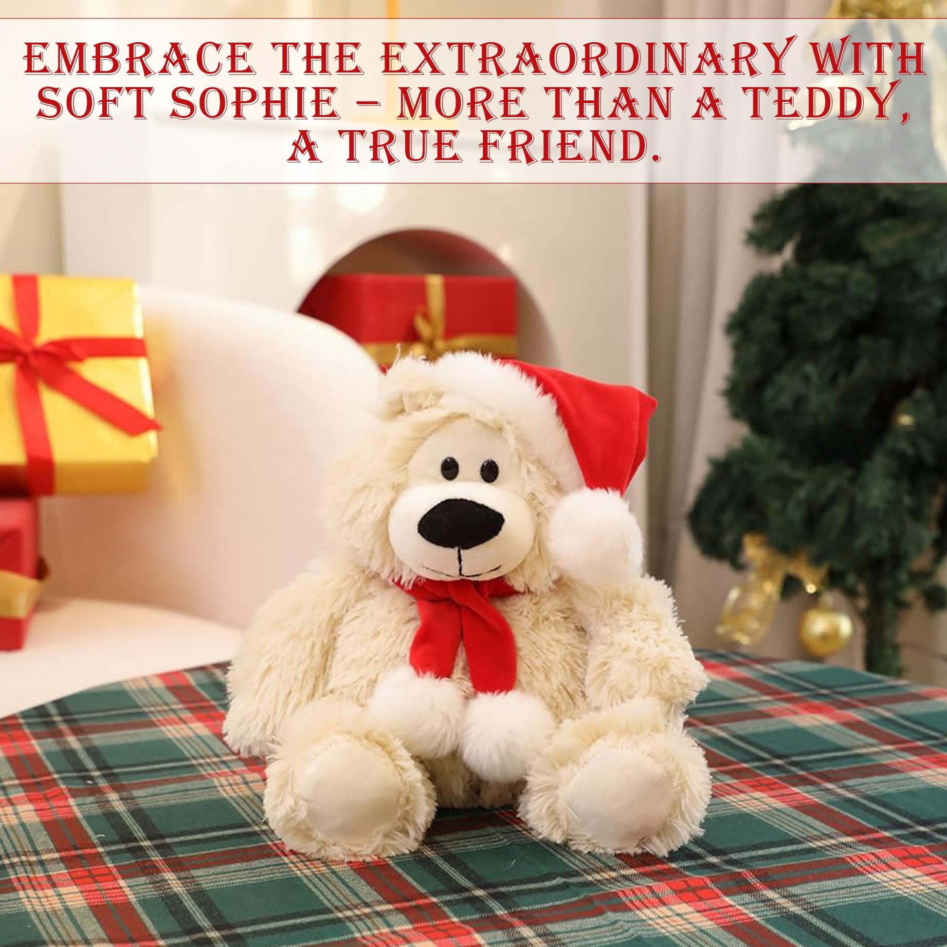 Plushland Adorable Soft Sophie Teddy Bear, Stuffed Animal Holiday Toys with Hat and Scarf Christmas Accessories - A Perfect Toy Gift for Kids 12