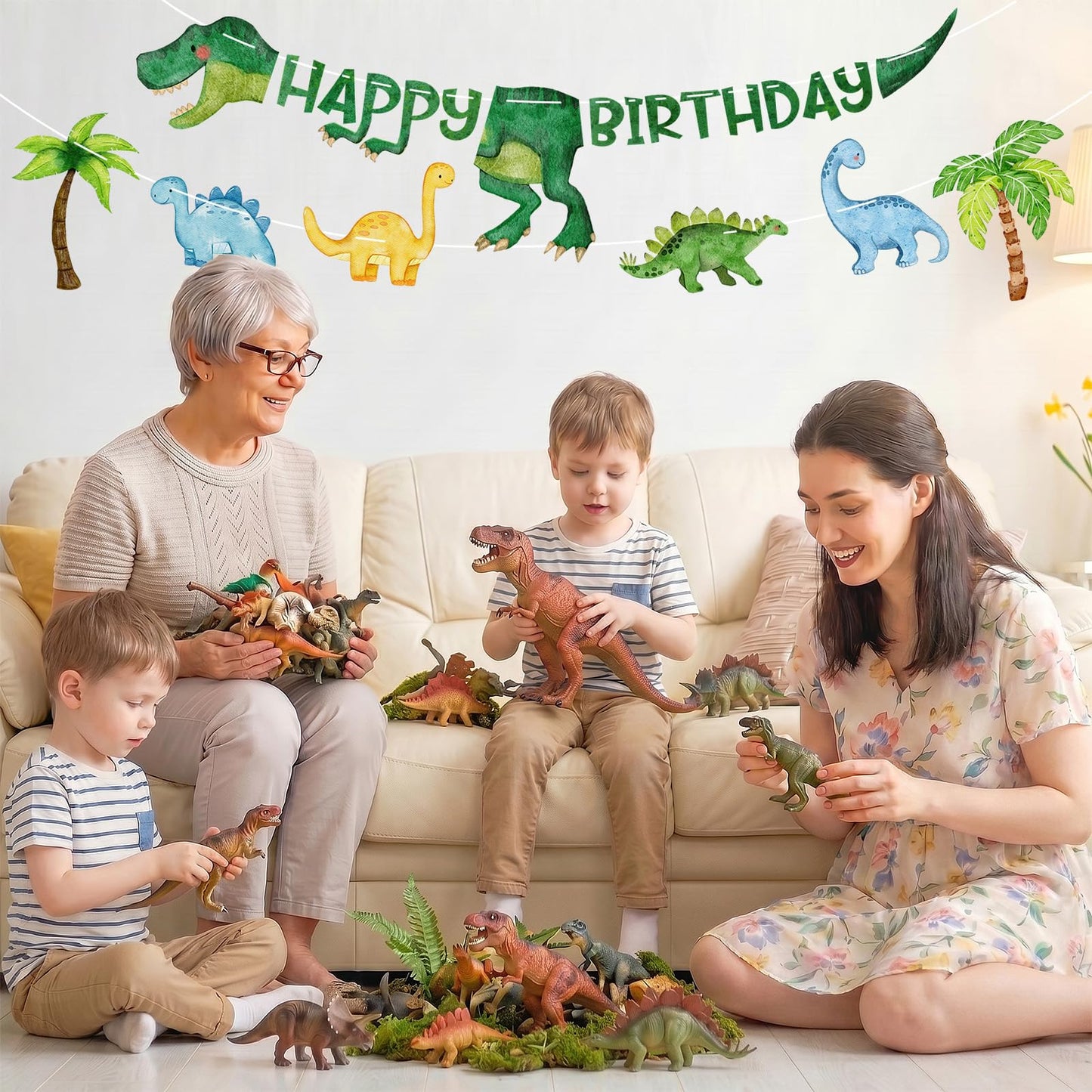 Dinosaur Birthday Decorations Banner - DIY Paper Happy Birthday Banners, Green Animal Dino Bday Sign Garland Backdrop for Dinosaur Themed Indoor