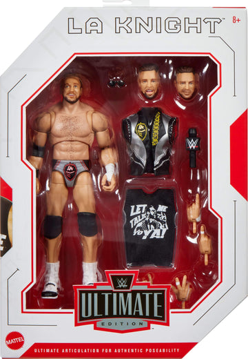 Mattel WWE Ultimate Edition Action Figure & Accessories, 6-inch LA Knight Collectible Set, Swappable Heads & Hands, 30 Articulation Points